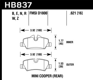 Mini Cooper Brake Pad Set - Rear - Hawk Performance - HP Plus - `14-`19 Mini Cooper Brake Pad Set - Rear - Hawk Performance - HP Plus - `14-`19